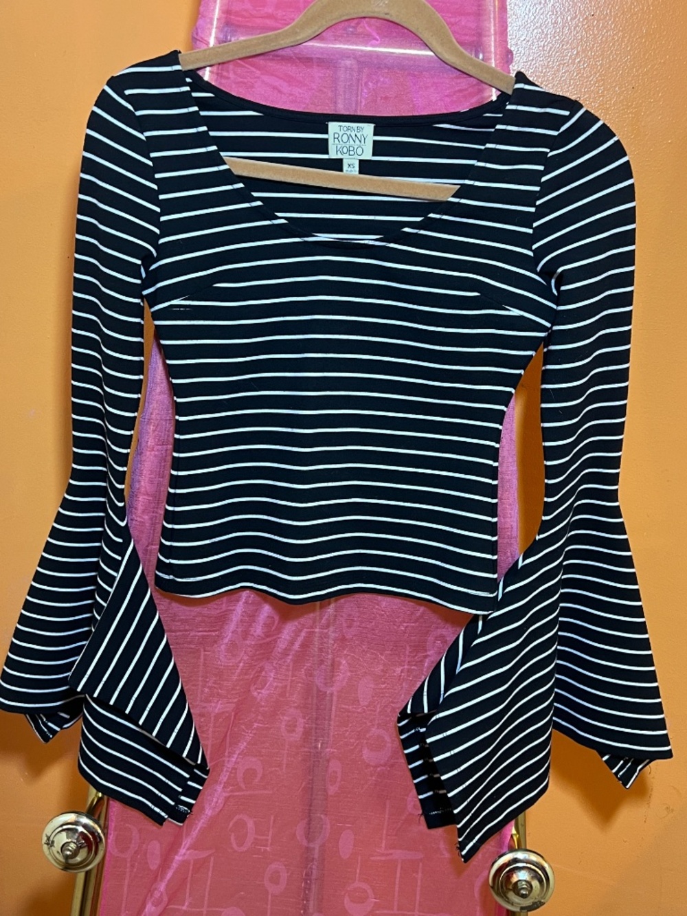Striped Bell Sleeve Top with Scoop Neck | TORN BY RONNY KOBO | B + W